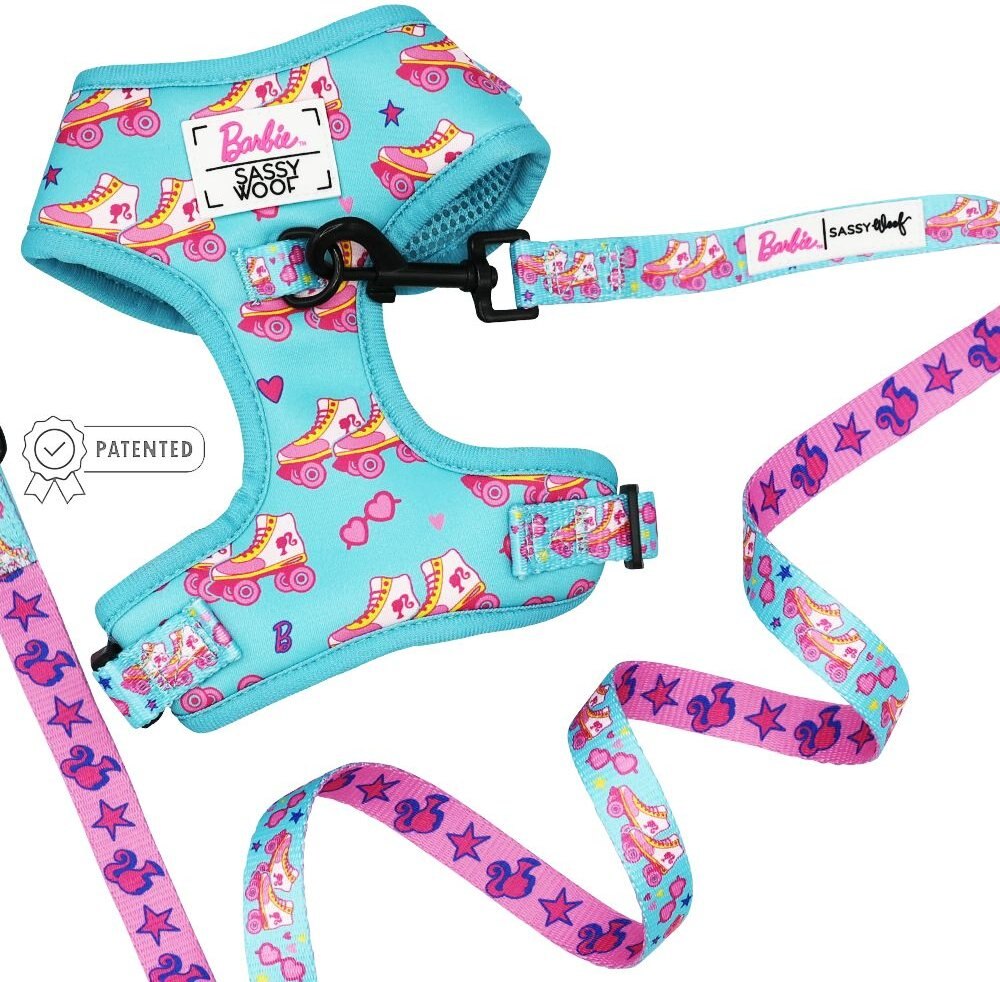SASSY WOOF On A Roll Dog Harness & Leash, Teal, Medium 18 to 25in
