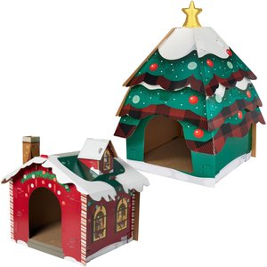 Frisco Holiday Christmas Tree + Holiday Santa's Workshop Cardboard Cat House