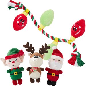 Frisco Holiday Santa's Helpers, 3 count, X-Small/Small + Holiday Lights Plush with Rope Squeaky Dog Toy, Medium/Large