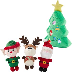Frisco Holiday Santa's Helpers, 3 count, X-Small/Small + Holiday Tree Thin Plush Squeaky Dog Toy, Medium