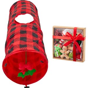 Frisco Holiday Buffalo Plaid Foldable Play Tunnel + Holiday Festive Red Variety Pack Gift Box Cat Toy with Catnip, 14 count