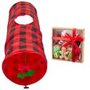 Frisco Holiday Buffalo Plaid Foldable Play Tunnel + Holiday Festive Red Variety Pack Gift Box Cat Toy with Catnip, 14 count