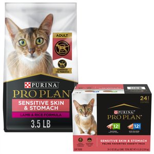Purina Pro Plan Adult Sensitive Skin & Stomach Lamb & Rice Formula Dry Food, 3.5-lb bag + Focus Sensitive Skin & Stomach Duck & Arctic Char Variety Pack Canned Cat Food