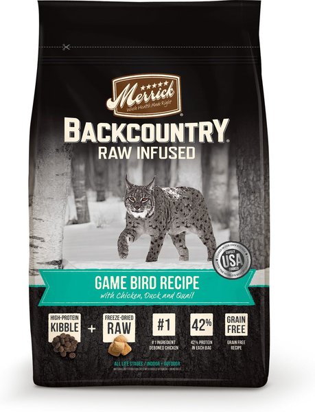 Discontinued MERRICK Backcountry Raw Infused Game Bird Recipe with Chicken Duck Quail Grain Free Dry Cat Food 6 lb bag Chewy