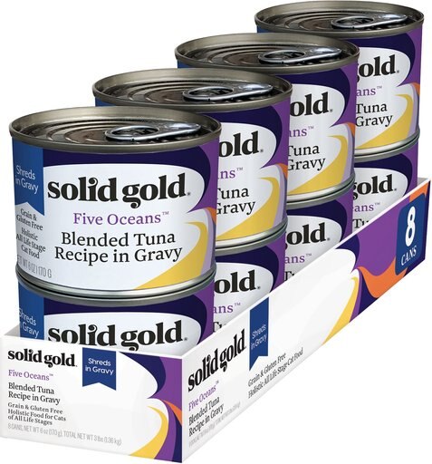 Solid Gold Five Oceans Shreds with Real Tuna Recipe in Gravy Grain-Free Canned Cat Food, 6-oz, case of 8