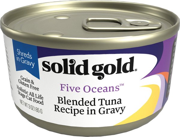 Solid Gold Five Oceans Shreds with Real Tuna Recipe in Gravy Grain-Free Canned Cat Food, 6-oz, case of 8 slide 1 of 6