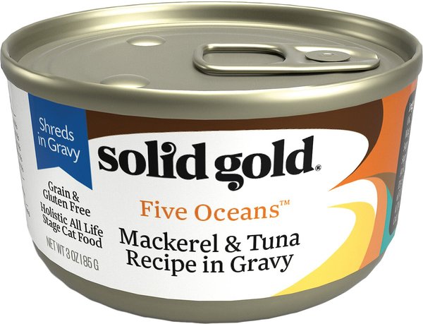 Solid Gold Five Oceans Mackerel & Tuna Recipe in Gravy Grain-Free Canned Cat Food, 3-oz, case of 12 slide 1 of 6