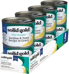 Solid Gold Five Oceans Sardines & Tuna Recipe in Gravy Grain-Free Canned Cat Food, 6-oz, case of 8