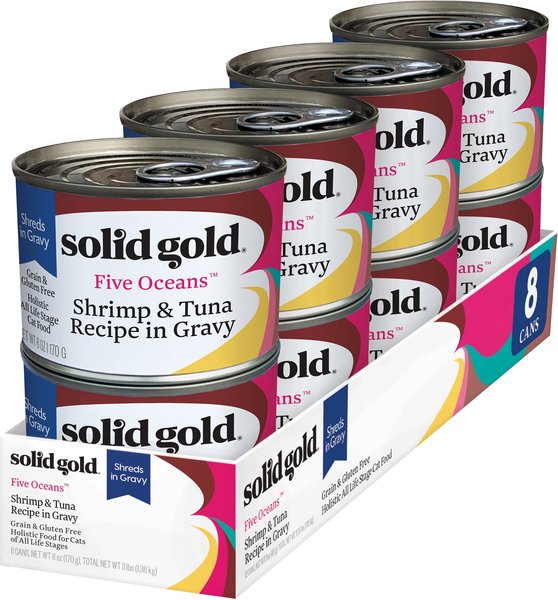 Solid Gold Five Oceans Shrimp & Tuna Recipe in Gravy Grain-Free Canned Cat Food, 6-oz, case of 8 slide 1 of 6