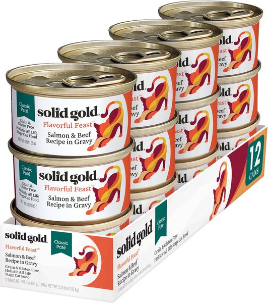 Solid Gold Flavorful Feast in Gravy with Real Salmon & Beef Recipe Grain-Free Canned Cat Food, 3-oz, case of 12 slide 1 of 6