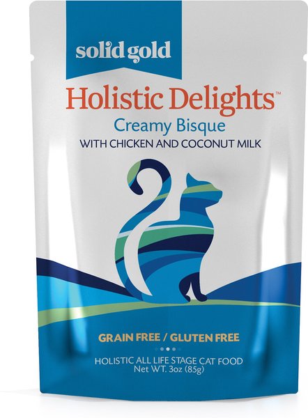 Solid Gold Holistic Delights Creamy Bisque with Chicken & Coconut Milk Grain-Free Cat Food Pouches, 3-oz, case of 12 slide 1 of 7
