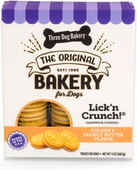Three Dog Bakery Lick'n Crunch Sandwich Cookies Golden & Natural Peanut Butter Flavor Dog Treats, 13-oz box