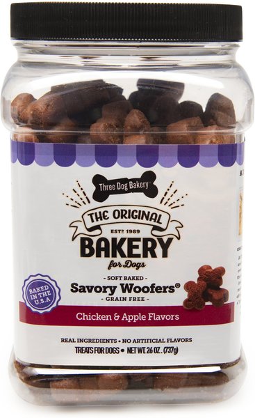 Three Dog Bakery Soft Baked Savory Woofers Chicken & Apple Flavor Grain-Free Dog Treats, 26-oz jar slide 1 of 5