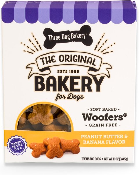 Three Dog Bakery Soft Baked Woofers Grain-Free Peanut Butter & Banana Flavor Dog Treats, 13-oz box slide 1 of 5