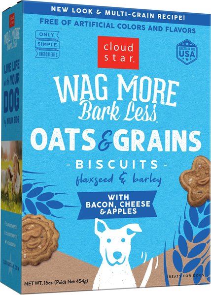 Cloud Star Wag More Bark Less Oats & Grains Biscuits with Bacon, Cheese & Apples Dog Treats, 16-oz box slide 1 of 8