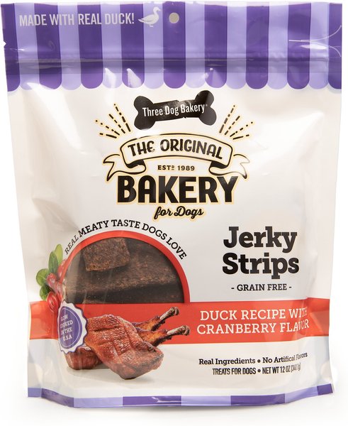 Three Dog Bakery Duck & Cranberries Jerky Strips Dog Treats, 12-oz bag