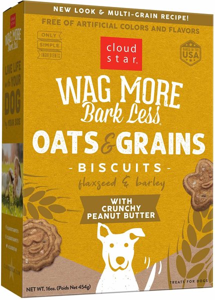 Cloud Star Wag More Bark Less Oats & Biscuits with Crunchy Peanut Butter Cookie Recipe Dog Treats, 16-oz box slide 1 of 8